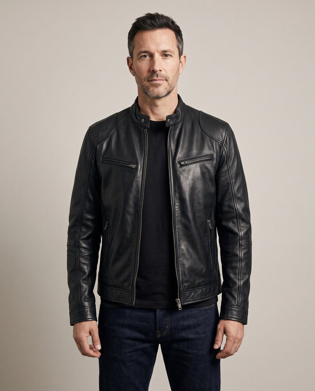 Trenton faux leather jacket in black, front view