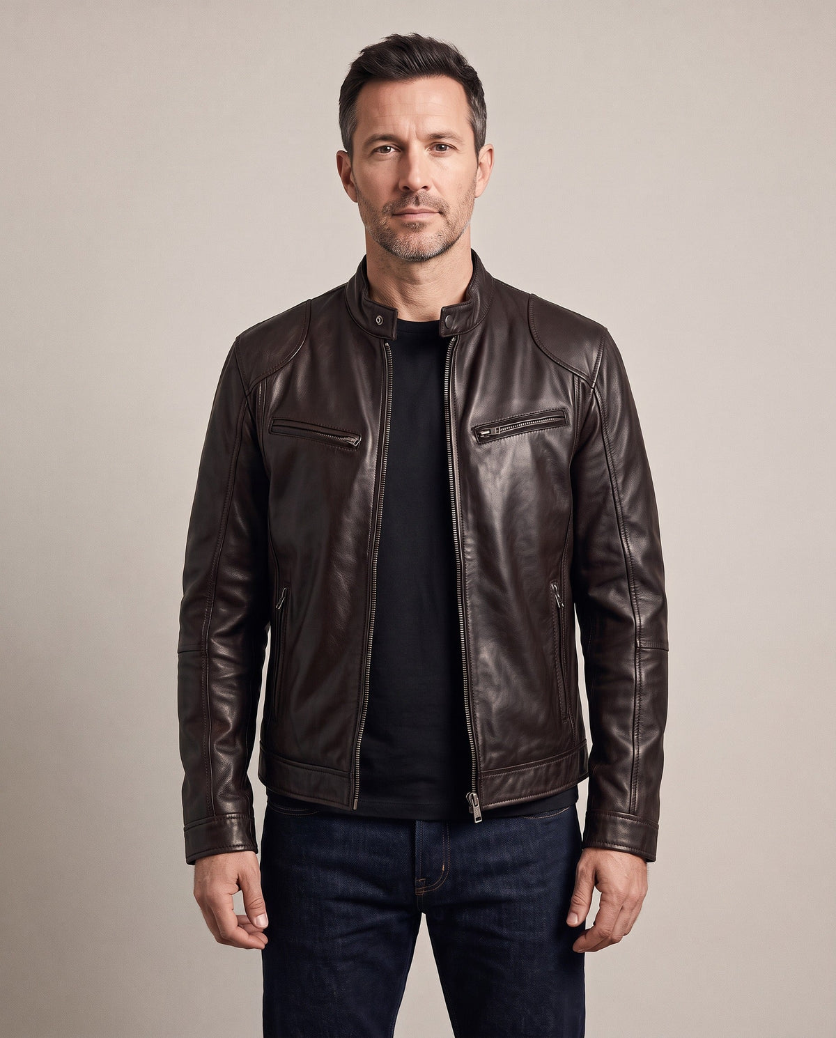 Trenton faux leather jacket in brown, front view