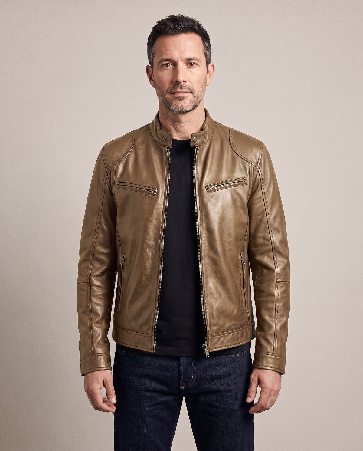 Trenton faux leather jacket in khaki, front view