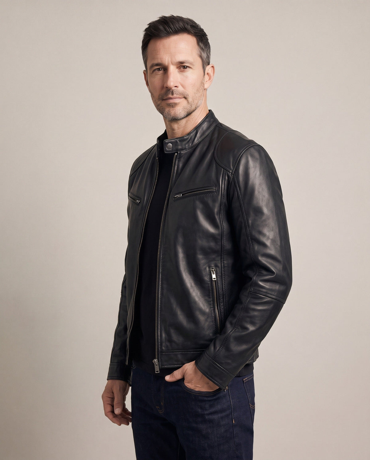 Trenton faux leather jacket in black, three-quarter view