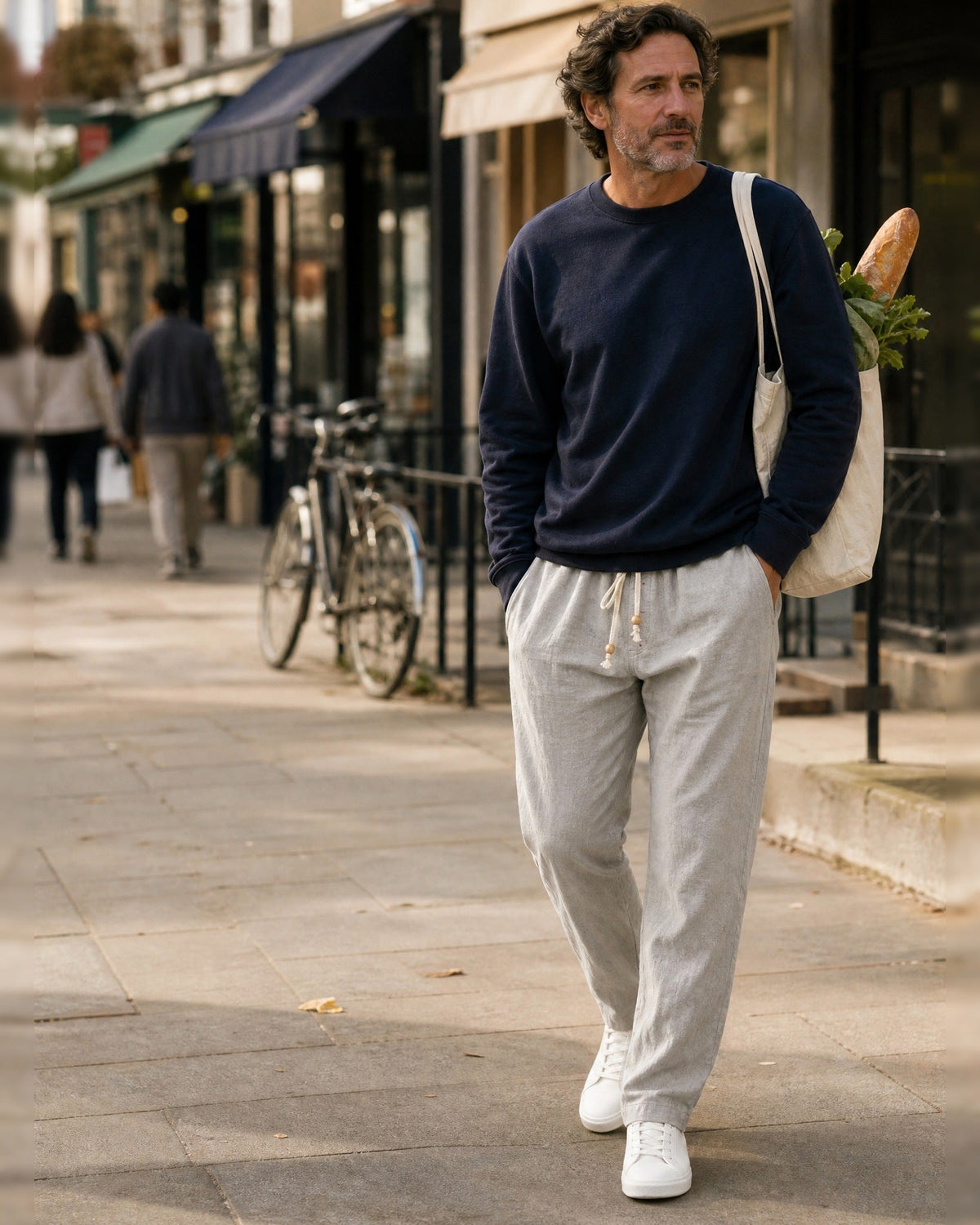 Whitby drawstring trousers in Light Grey, walking back from the market